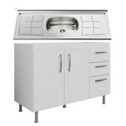 Balcão Gabinete Nathan com Pia Inox 120cm 2 Portas Branco - Nathy Móveis - 1