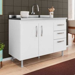 Balcão Gabinete Nathan com Pia Inox 120cm 2 Portas Branco - Nathy Móveis - 2