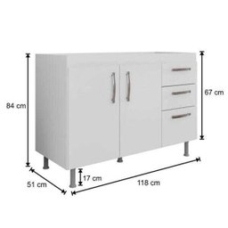 Balcão Gabinete Nathan com Pia Inox 120cm 2 Portas Branco - Nathy Móveis - 6