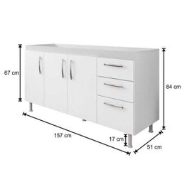 Balcão Gabinete de Pia 160cm Nathan 3 Portas Branco - Nathy Móveis - 4