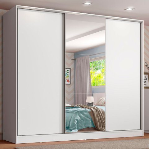 Guarda-Roupa Infantil Madesa Logan 100% MDF 3 Portas de Correr com Espelho Branco Cor:Branco