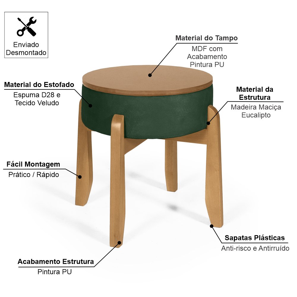 Puff Estofado Vira Mesa Redondo New Liz em Madeira Verde - Straub Web - 3