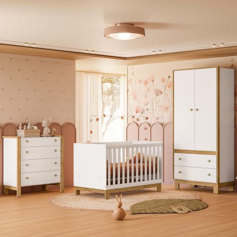 Quarto Infantil Flora Guarda Roupa 2 Portas, Comoda 4 Gavetas, Berço Branco Acetinado