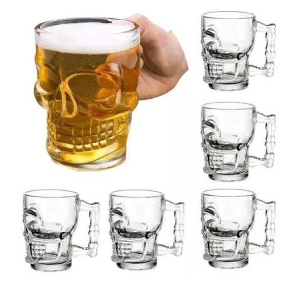 Jogo C/ 6 Canecas para Chopp Cerveja de Vidro Caveira Rock Style 510ml - 8