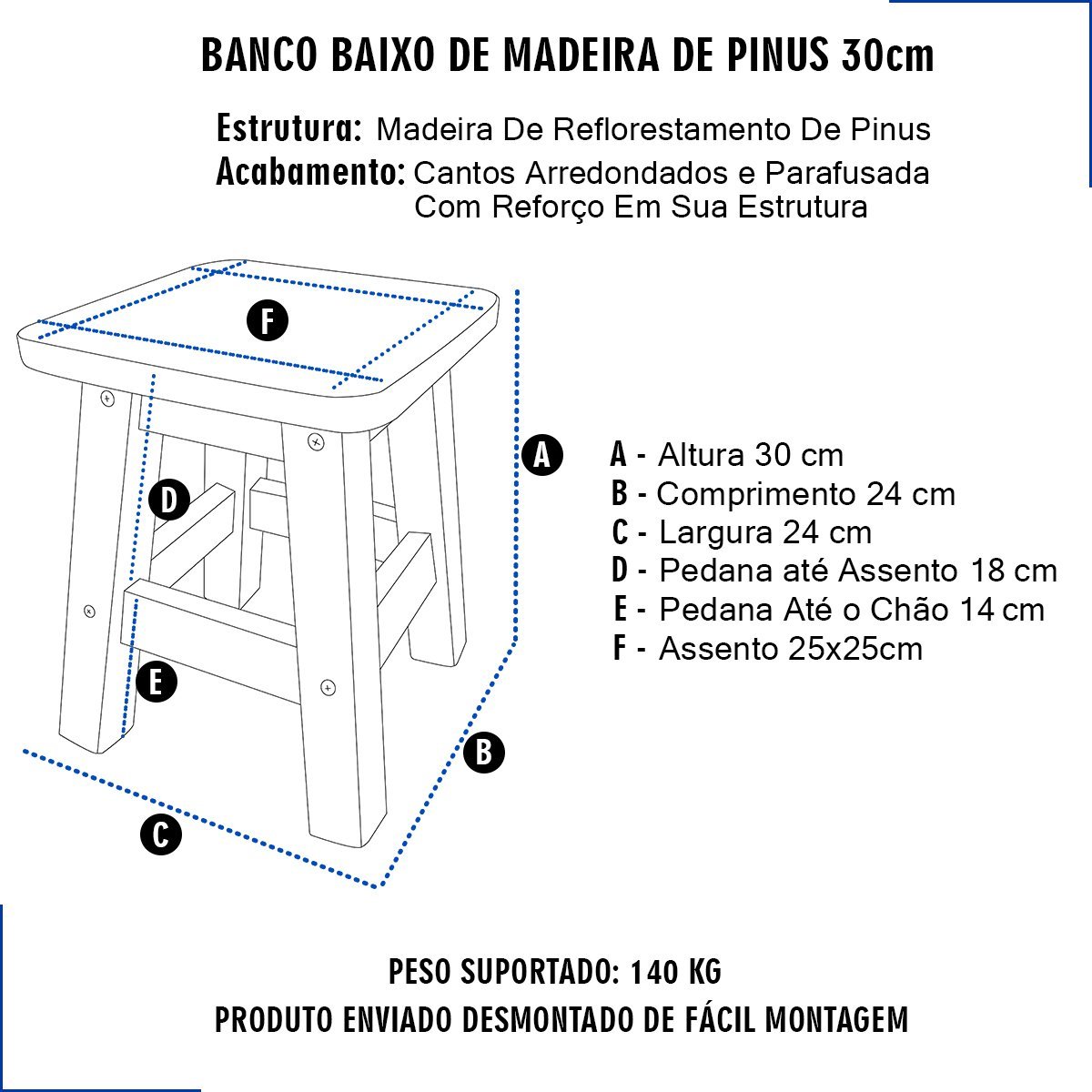 Banco Baixo Quadrado Banqueta Baixa de Madeira Natural 30cm Resistente Cozinha, Barzinho, Lanchonete - 2