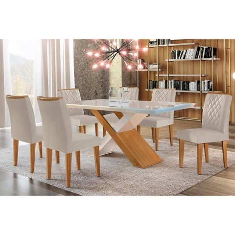 Conjunto: Mesa Sala Jantar Imperatriz Tampo Madeirado C/ Vidro Canto Curvo 180x90 e 6 Cadeiras Jade