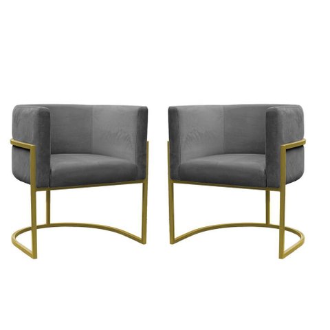 Kit 2 Poltronas Reforçada Decorativa Sala Carla Base Ferro Dourada Suede Cinza