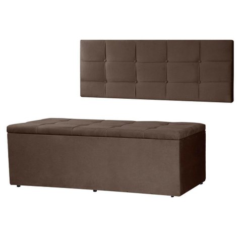 Kit Cabeceira Painel e Calçadeira Baú Casal 1,40m Roma Suede Marrom Dal Poz Estofados