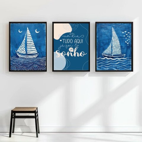 Kit 3 Quadros Arte Nautica Azul - Sonho 24x18cm:moldura Branca