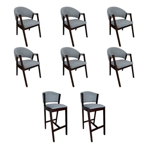 Kit 6 Cadeiras de Jantar Helen com 2 Banquetas Ana Madeira Maciça Castanho Premium Linho Cinza