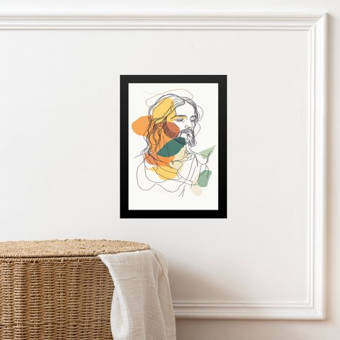 Quadro Minimalista Jesus Abstrato Boho 33x24cm - com Vidro:moldura Preta