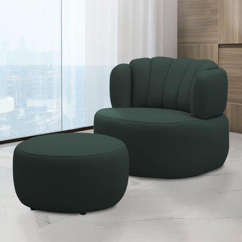 Conjunto Sala de estar Decorativo Mariele Poltrona Base Giratória em Aço com Puff Couro Verde Musgo 