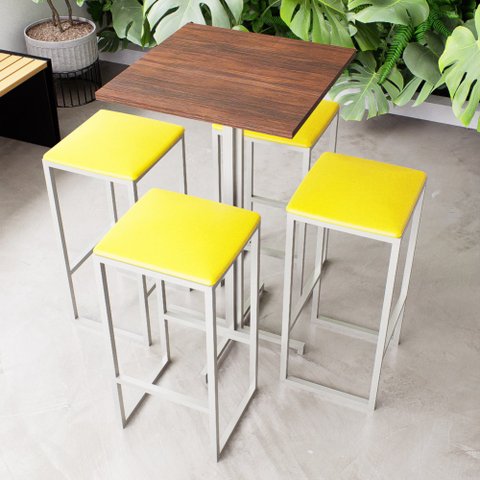 Conjunto Mesa Alta Bar Bistrô Quadrada Imbuia 4 Bancos Estofado Don Castro Decor
