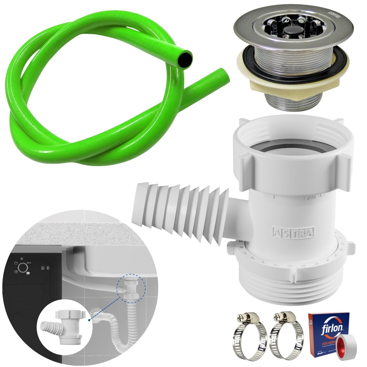 Adaptador para Máquina de Lavar Louça + Mangueira + Válvula Americana + Abraçadeira 1" + Fita Veda R - 1