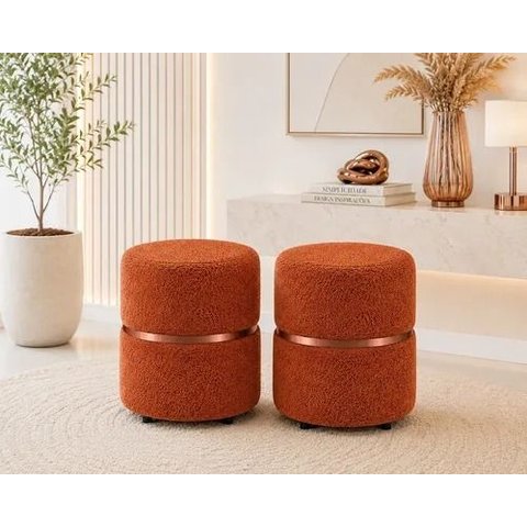 Kit de Puff com Cinta no Meio Rose Gold, Cor Terracota Boucle - Let Móveis