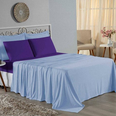 Jogo de Cama Casal Viúva Nobre 4 Peças Malha 100% Algodão - Azul-bebê / Roxo
