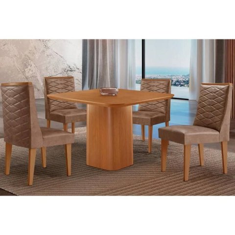 Sala de Jantar Completa Maldivas C/ Tampo Madeirado Canto Curvo 90x90cm e 4 Cadeiras Dafne Naturale
