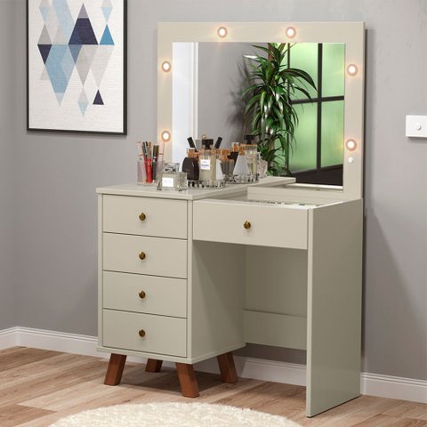 Penteadeira Camarim Mel 5 Gavetas -LED- Espelho - Colmeia Porta Maquiagem -Off-White -Patrimar