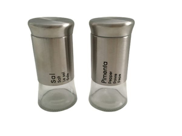 Kit Saleiro e Pimenteiro 2 peças Vidro Transparente Tampa Metal Prata 11x5,5cm UniHome - 2