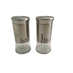 Kit Saleiro e Pimenteiro 2 peças Vidro Transparente Tampa Metal Prata 11x5,5cm UniHome - 2