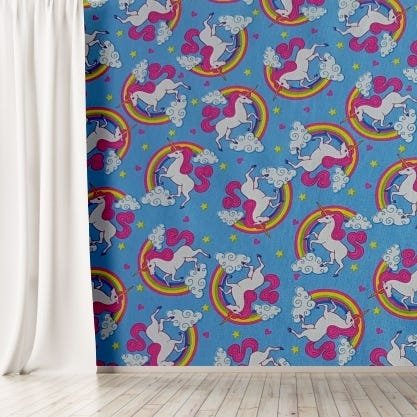 Papel de parede em TECIDO Adesivo 3D, Lavável. Rolo com 3m Alt x1,38m Larg Infantil Unicórnio Azul - 1