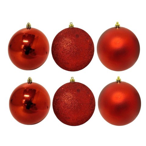 Jogo 6 Bolas Natal Vermelho Mistas Glitter, Fosca e Lisa Grande 10cm - Bela Flor