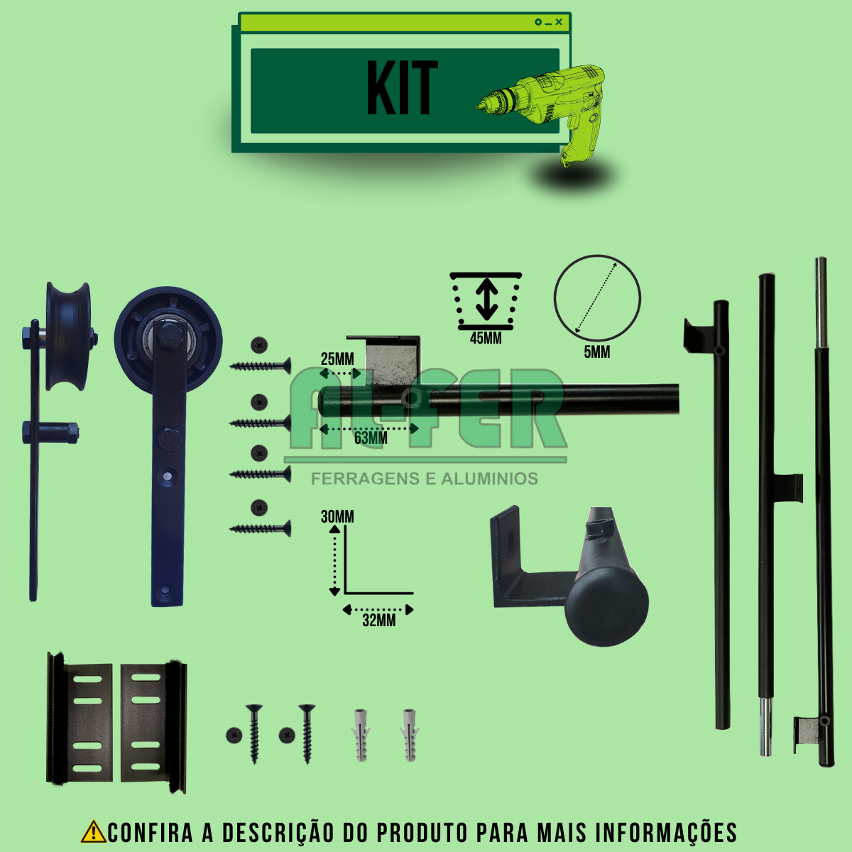 Kit para Porta até 90cm Roldana Aparente Tubular Preto - 1,80m (sem a Porta) - 3