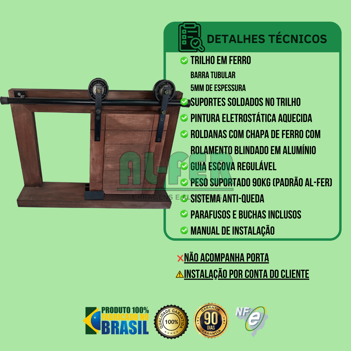 Kit para Porta até 90cm Roldana Aparente Tubular Preto - 1,80m (sem a Porta) - 2