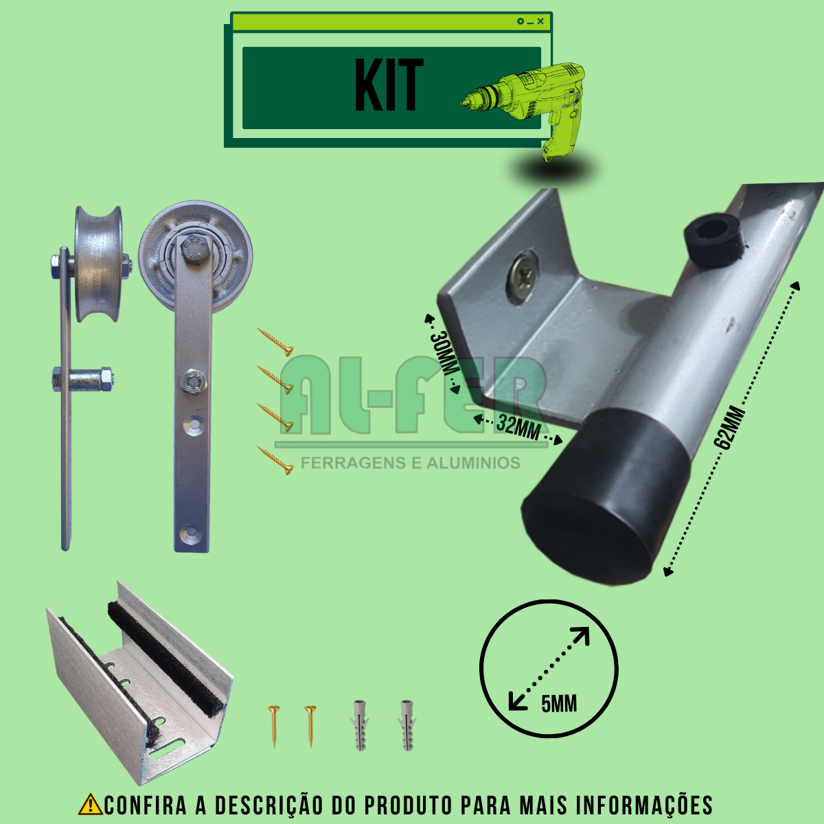 Kit para Porta até 100cm Roldana Aparente Tubular Prata - 2m (sem a Porta) - 3