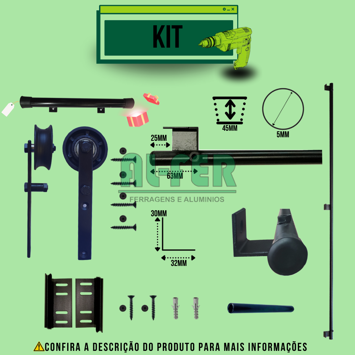 Kit para Porta até 100cm Roldana Aparente Tubular Preto - 2m C/ Puxador - 3