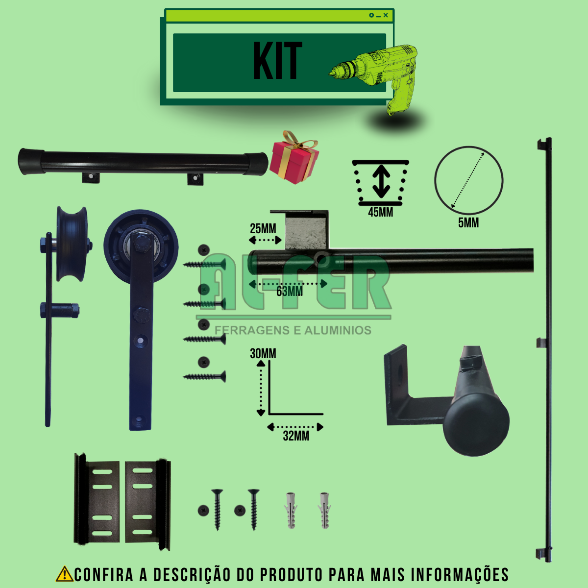 Kit para Porta até 90cm Roldana Aparente Tubular Preto - 1,80m C/ Puxador - 3