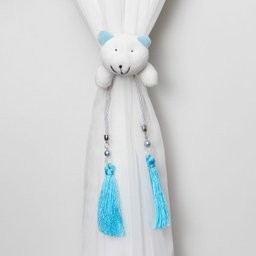 Kit 2 Peças Abraçadeira de Cortina Cordão Branco com Pelúcia Urso e Pingente Azul - 1