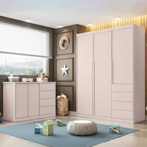 Jogo de Quarto com Guarda Roupa 3 Portas e 4 Gavetas + Cômoda 2 Portas e 4 Gavetas Pérola Rosê - Pho