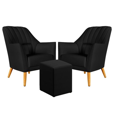 Kit 2 Poltronas Orion Bordada com Puff Izar Courino Preto Aradecor