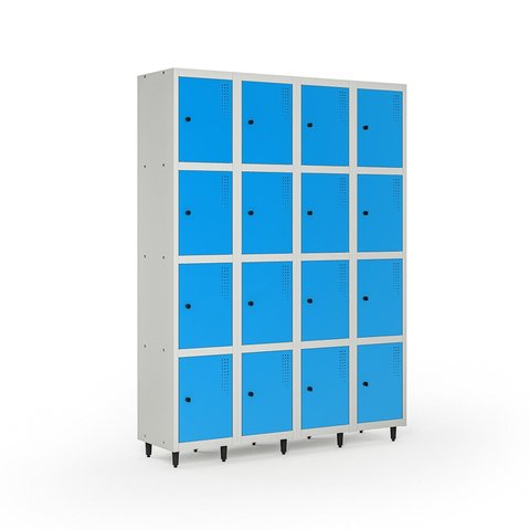 Armário Roupeiro Locker Guarda-Volume de Aço 16 Portas Pequenas com Fecho para Cadeado Vestiário Azul/Cinza