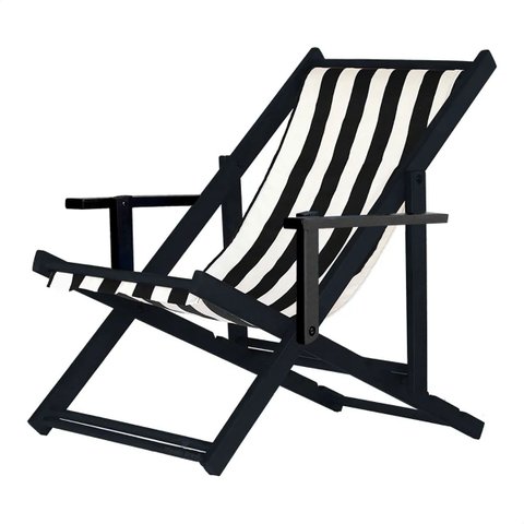 Espreguiçadeira Dobrável Madeira Maciça Envernizada Black com Tecido Listrado Preto/Branco