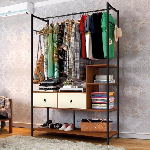 Guarda Roupa Casal Industrial Mazzara 2 Gavetas MDP Preto Canela-Off White Art Panta
