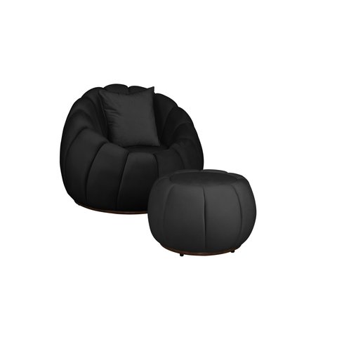 Kit Poltrona Decorativa C/puff e Almofada Concha Veludo Preto - Montanaris Decor