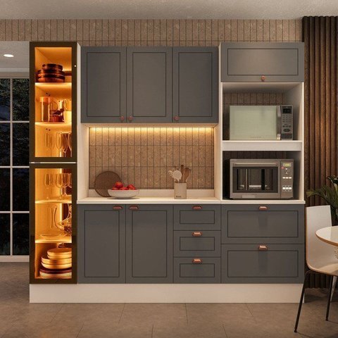 Cozinha Pérola com Rodapé Cristaleira com LED e Tampo 4 Peças 230 cm Yescasa Cinza
