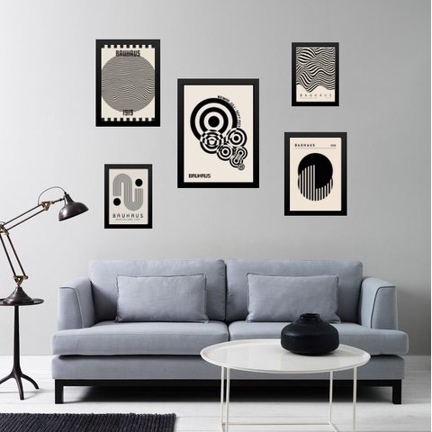 Kit 5 Quadros Bauhaus Preto e Branco:madeira Branca