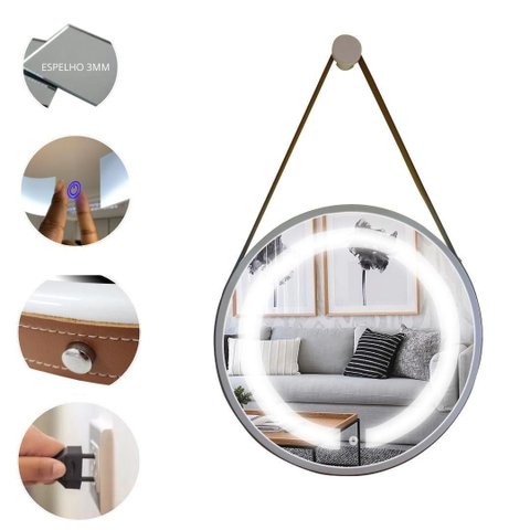 Espelho Redondo Adnet Iluminado 50cm Led 6000k Branco Alça Caramelo
