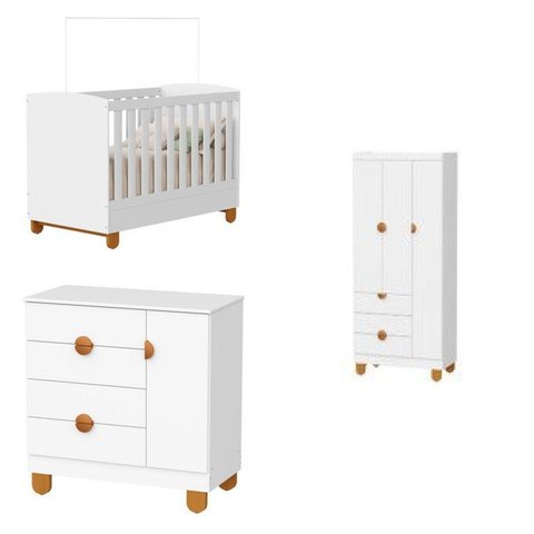 Quarto de Bebê Completo Apolo | Berço 2 em 1, Roupeiro 3 Portas e Cômoda Sapateira 100% MDF