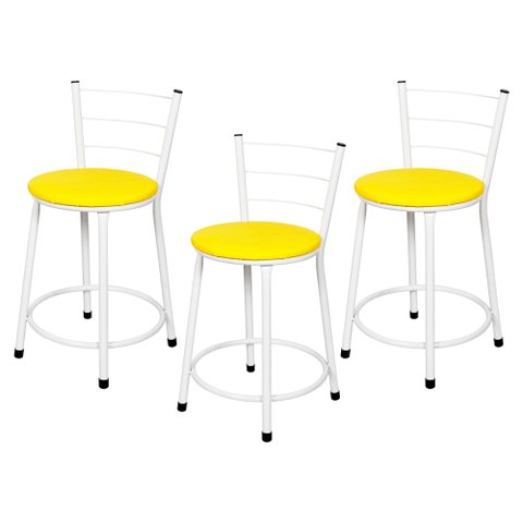 3 Banquetas Baixa para Cozinha Epoxi Branca:amarelo