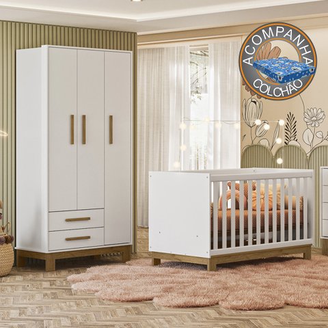 Quarto de Bebê com Roupeiro 4340 e Berço 4315 Branco Acetinado + Colchão Ortobom Patoti Móveis