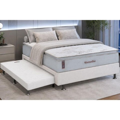 Cama Box c/Aux Crc Casal +Colchão Molas Marselha Hellen 138