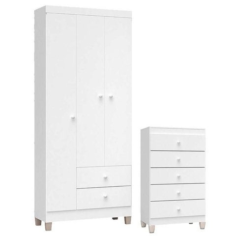 Cômoda Gaveteiro e Guarda Roupa 3 Portas Ternura Baby Branco Flex – Incorplac