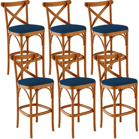 Kit 06 Banquetas Altas Cozinha Bancada Bar Sala Jantar Estofada Ávila L02 Suede Azul Marinho - Lyam 