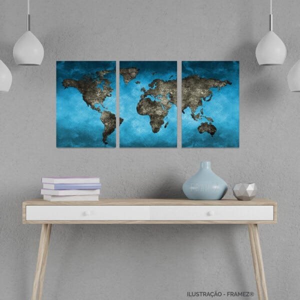 Quadro decorativo Mapa Mundi Mosaico 3 Peças 90x45 Canvas - 2