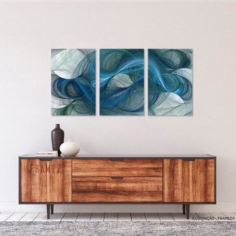 Conjunto Quadro Abstrato Fractal Moderno Azul Decorativo em Canvas