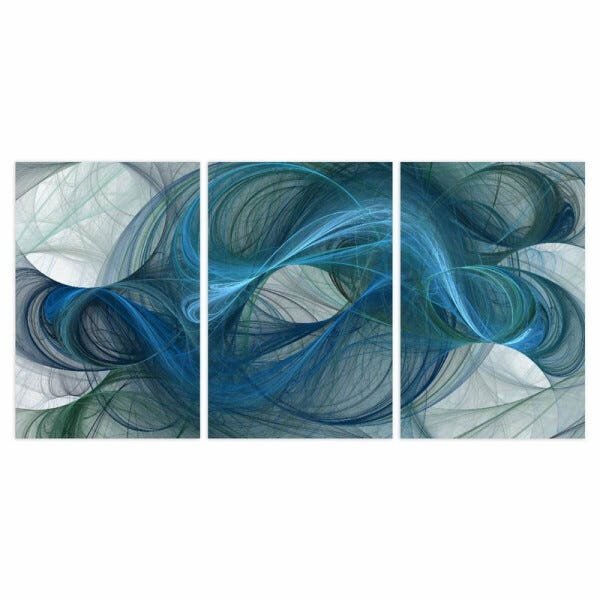 Conjunto Quadro Abstrato Fractal Moderno Azul Decorativo em Canvas - 2